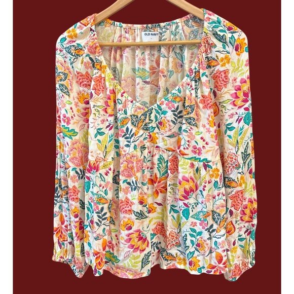 Old Navy Boho Floral Baby Doll Blouse Peasant Top Tropical Summer Large Resort - Picture 1 of 5